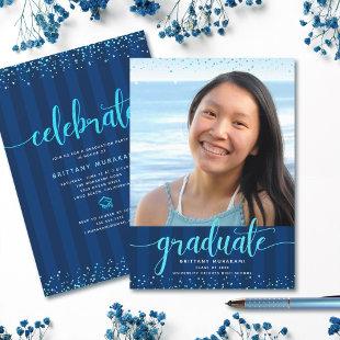 Graduation photo turquoise glitter script navy invitation