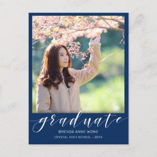 Graduation Photo White Script Royal Blue 2022 Announcement Postcard