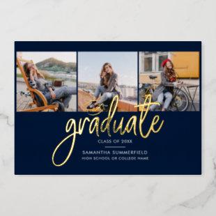 Graduation Photos Navy Blue Gold Foil Announcement