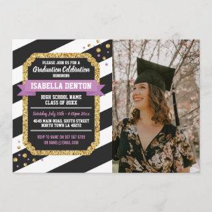 Graduation Pink Gold Photo Stripe Glitter Invite
