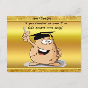 Graduation potato character with a degree announcement postcard