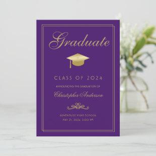 Graduation Purple Gold Formal Script Grad Cap Announcement