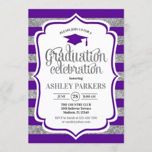 Graduation - Purple Silver Stripes Invitation
