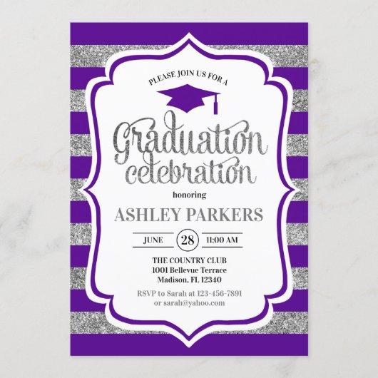 Graduation - Purple Silver Stripes Invitation
