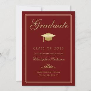 Graduation Red Maroon Gold Formal Script Grad Cap Announcement
