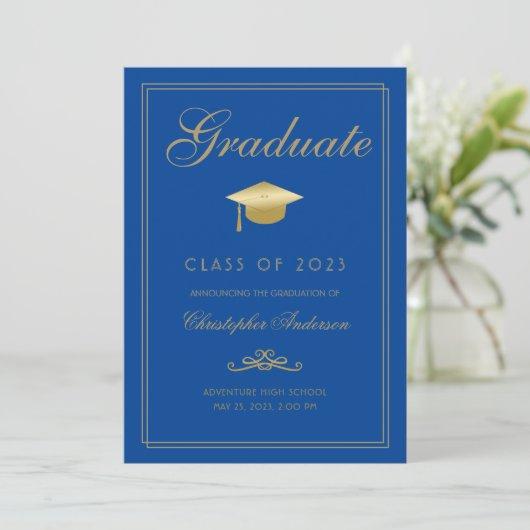 Graduation Royal Blue Gold Formal Script Grad Cap Announcement