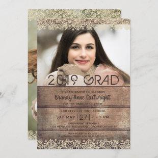 Graduation Rustic Country Wood and Lace Two Photo Invitation