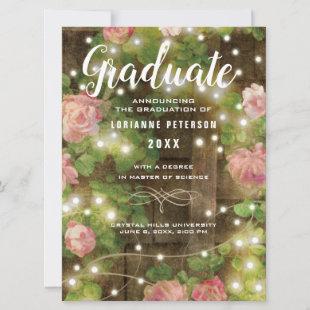 Graduation Rustic Wood Roses Floral String Lights Announcement
