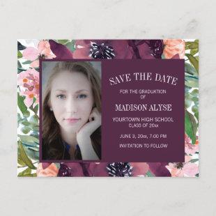 Graduation Save Date Pink Burgundy Flowers Postcard