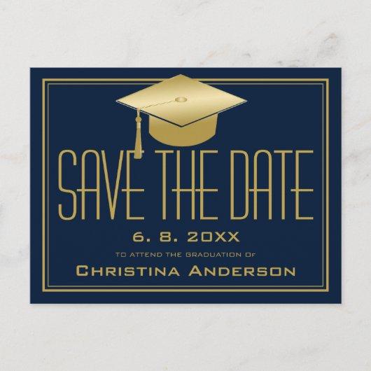 Graduation Save the Date Chic Blue Gold Grad Cap Announcement Postcard