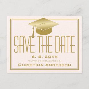 Graduation Save the Date Chic Blush Gold Grad Cap Announcement Postcard
