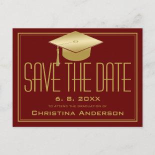 Graduation Save the Date Chic Maroon Gold Grad Cap Announcement Postcard
