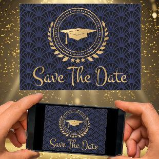 Graduation Save The Date Gold Cap Art Deco Blue