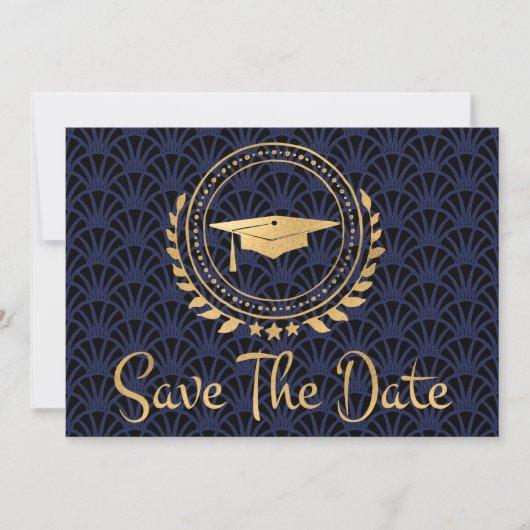Graduation Save The Date Gold Cap Art Deco Blue