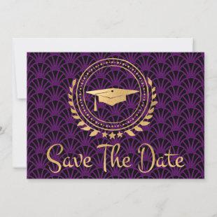Graduation Save The Date Gold Cap Art Deco Purple