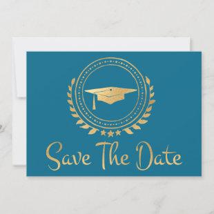 Graduation Save The Date Gold Grad Cap Blue
