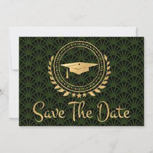 Graduation Save The Date Gold Grad Cap Deco Green