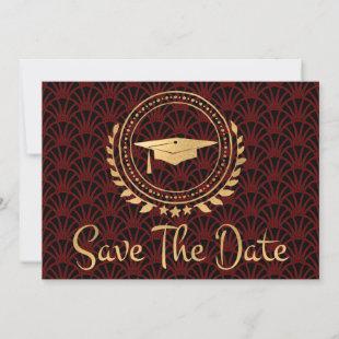 Graduation Save The Date Gold Grad Cap Deco Red