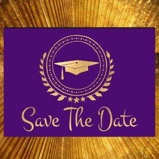 Graduation Save The Date Gold Grad Cap Purple
