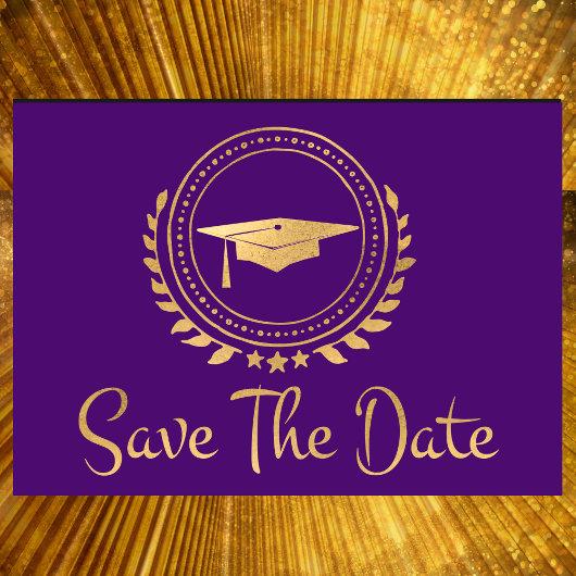 Graduation Save The Date Gold Grad Cap Purple