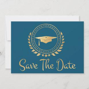 Graduation Save The Date Gold Grad Cap Teal Blue