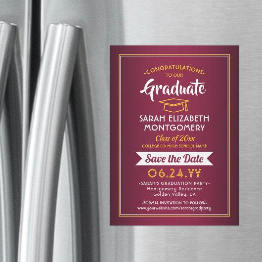 Graduation Save the Date Maroon Red & Gold Yellow Magnetic Invitation