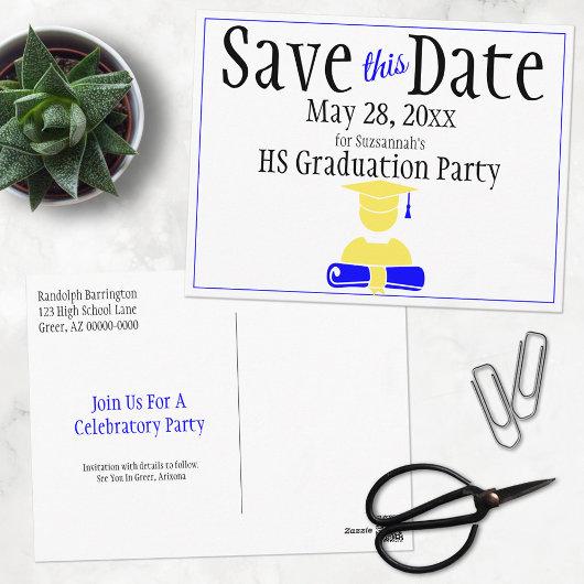 Graduation Save The Date Minimalist Blue Yellow Postcard