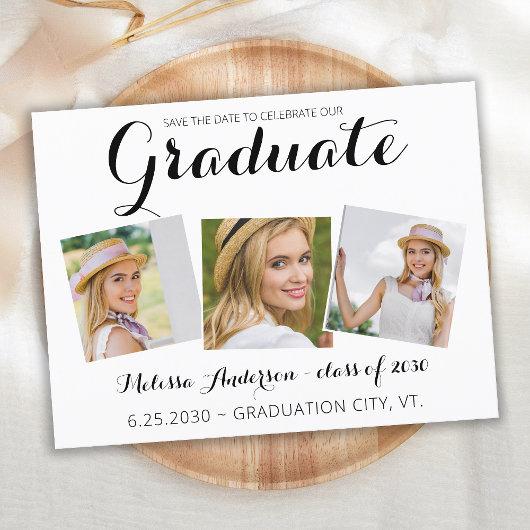 Graduation Save The Date Modern Graduate 3 Photo Invitation Postcard