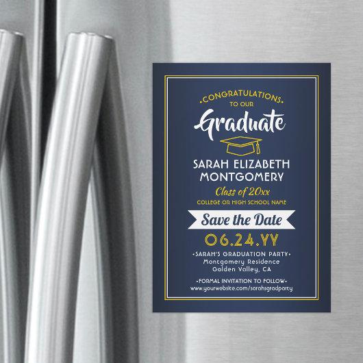 Graduation Save the Date Navy Blue and Gold Yellow Magnetic Invitation