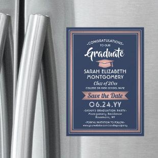 Graduation Save the Date Navy Blue Pink Rose Gold Magnetic Invitation