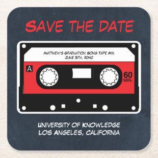 Graduation Save The Date Retro Song Tape Mix Blue Square Paper Coaster