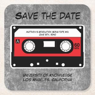 Graduation Save The Date Retro Song Tape Mix Gray Square Paper Coaster
