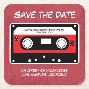 Graduation Save The Date Retro Song Tape Mix Red Square Paper Coaster
