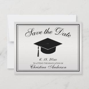 Graduation Save the Date Silver Black Script Cap Announcement