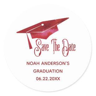 Graduation Save The Date Simple Modern Red Grad Classic Round Sticker
