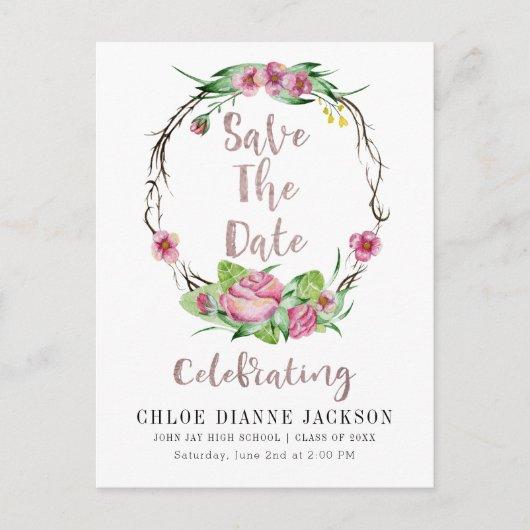 Graduation Save The Date Watercolor Roses Wreath Postcard