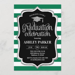 Graduation - Silver Black Green White Stripes Invitation