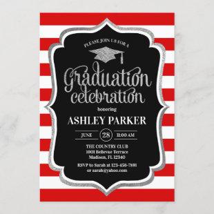 Graduation - Silver Black Red White Stripes Invitation