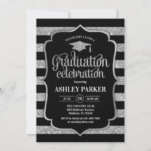 Graduation -Silver Black Stripes Invitation