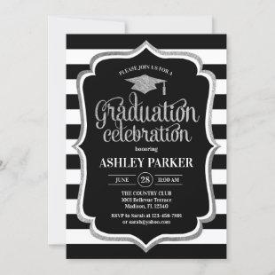 Graduation - Silver Black White Stripes Invitation