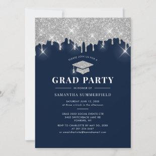 Graduation Silver Glitter Drip Grad 2022 Party Invitation