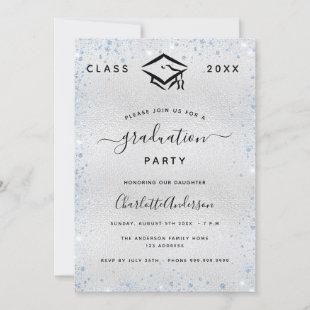 Graduation silver light blue glitter dust invitation