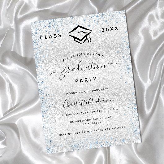 Graduation silver light blue glitter luxury invitation
