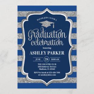 Graduation - Silver Navy Blue Stripes Invitation