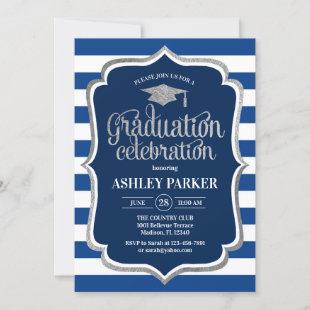 Graduation - Silver Navy Blue White Stripes Invitation