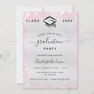 Graduation silver pink glitter modern invitation