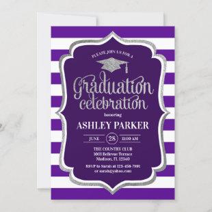 Graduation - Silver Purple White Stripes Invitation