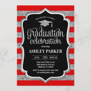 Graduation - Silver Red Black White Stripes Invitation