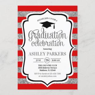 Graduation - Silver Red Stripes Invitation