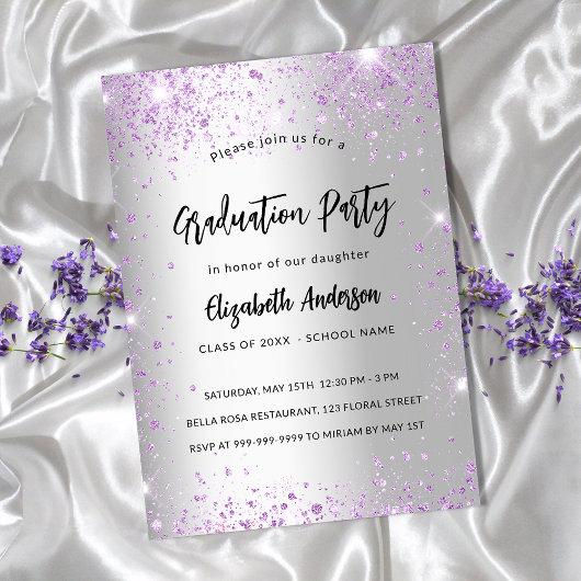 Graduation silver violet purple sparkles invitation postcard